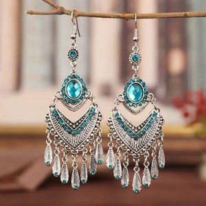 Boho Rhinestone Tassel Earrings Turquoise